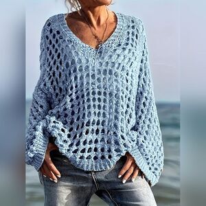 Blue Open-Knit Women's Sweater Crochet Long Sleeve Knit Cover Up Sz S M L XL